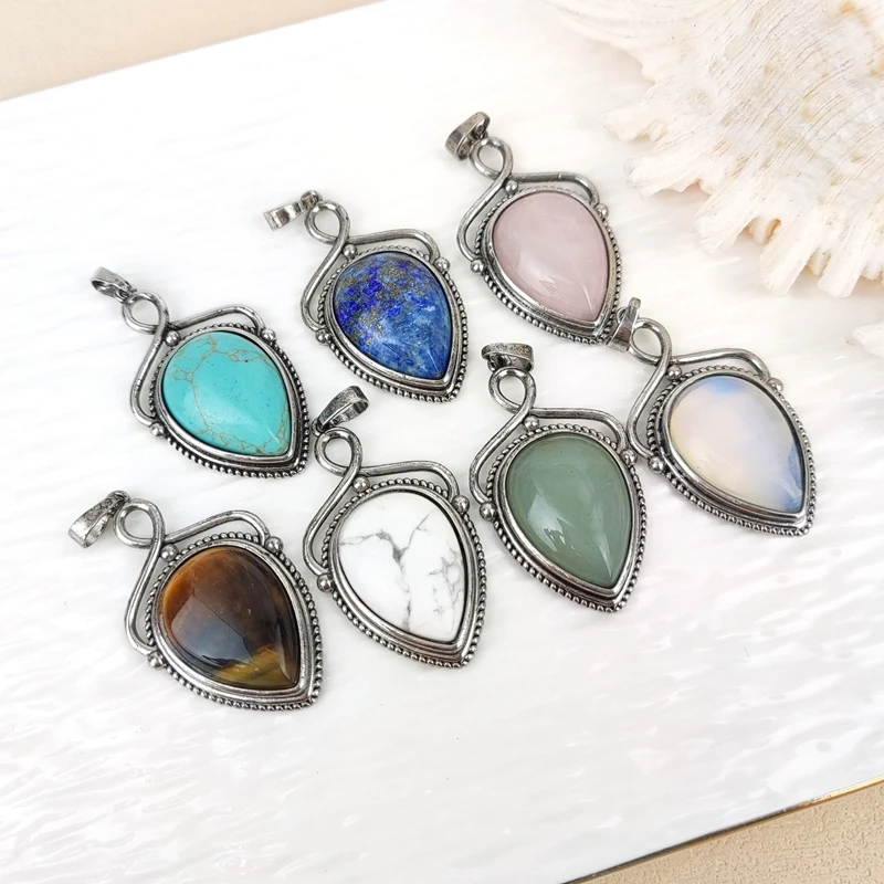 Natural Stone Fluorite Turquoise Amethyst Waterdrop Pendant Charm for Women DIY Necklace Jewelry Accessories