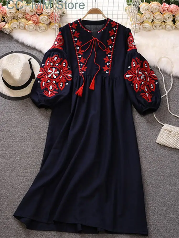 New Sweet Style Women Nice Foreve Dress Embroidery O-neck Bandage Long-sleeve White Dresses Womens Spring Summer