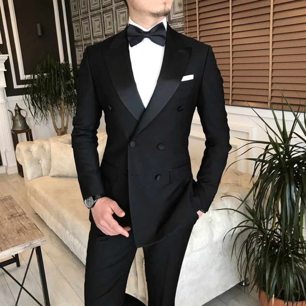 

Elegant Black Men Suits 2 Piece Set High-end Peak Lapel Double Breasted Tuxedo Party Wedding Groom Formal Solid Male Suit