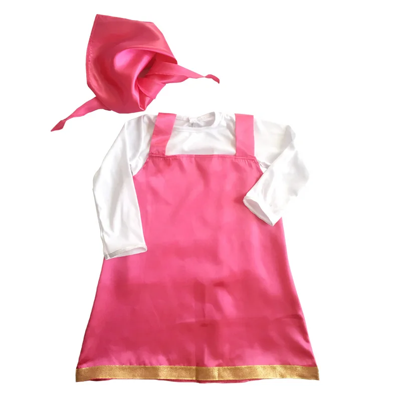 Cartoon Halloween Masha Cosplay Costume Outfit for Girls Pink Dresses Tshirt Head Scarf Cosplay Cartoon Skirt Set image 4