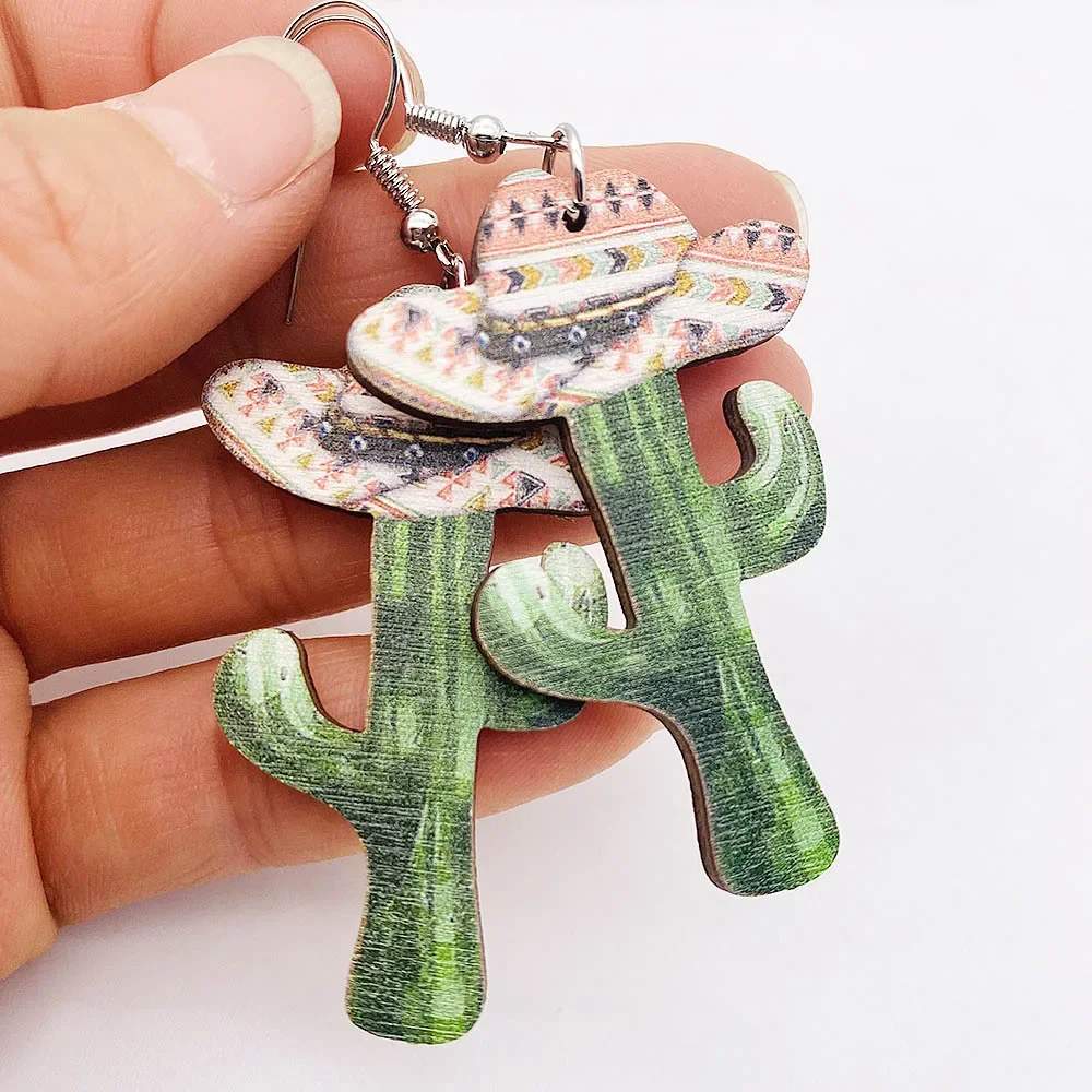 Western wooden earrings Sunflower Cow cactus boots mushroom Dangle Earrings for Women Gift Jewelry
