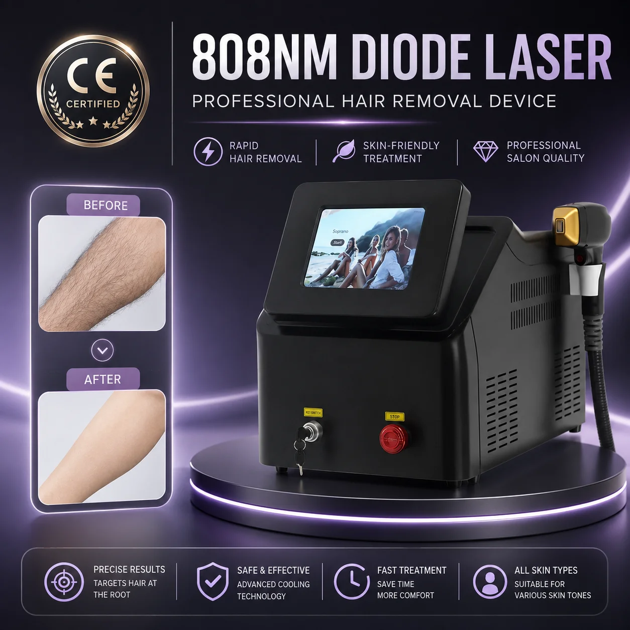Professional Black 808nm Diode Hair Removal Machine with Cooling Head for Permanent Painless Full Body Treatment