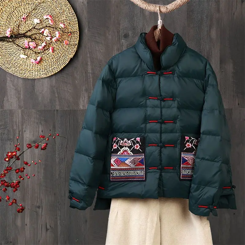 Winter Down Jacket Women Vintage Warm Parkas Down Coat Lightweight Outerwear Pockets Korean Chic Quilted Jacket Single-breasted