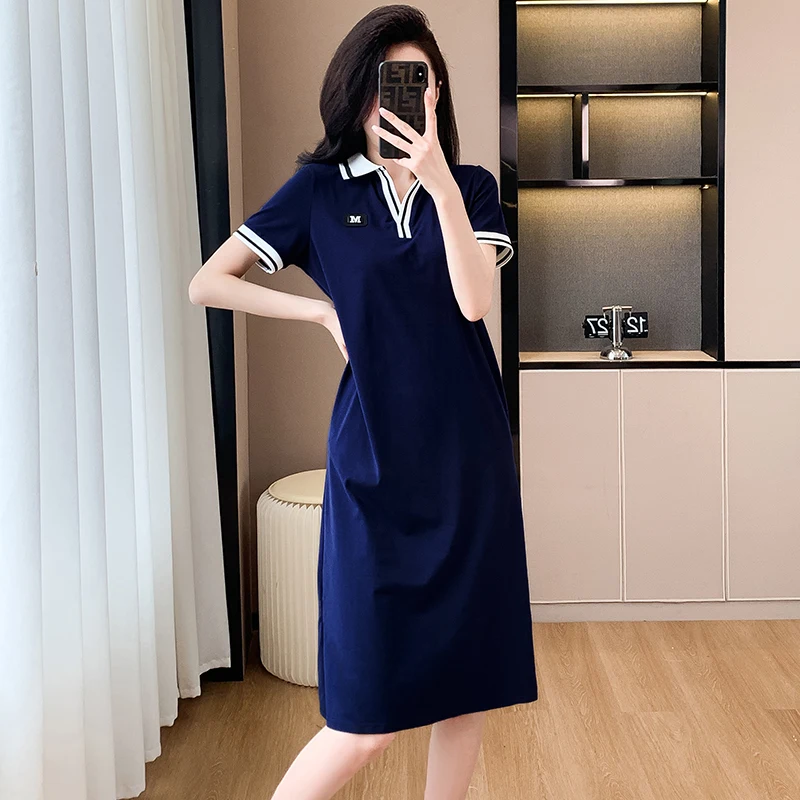 Frauen Baumwolle T-Shirt Kleid Sommer weiblich o Hals Kurzarm groß elegant eine Linie schlank schwarz Marineblau knielangen Vestidos