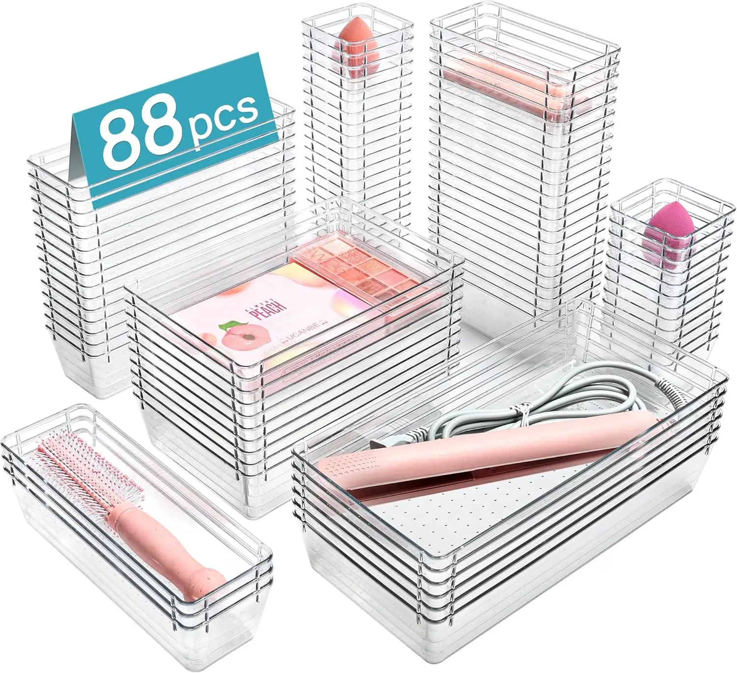 

88-Piece Clear Plastic Drawer Organizer Set, 5-Size Versatile Storage Trays for Home & Office
