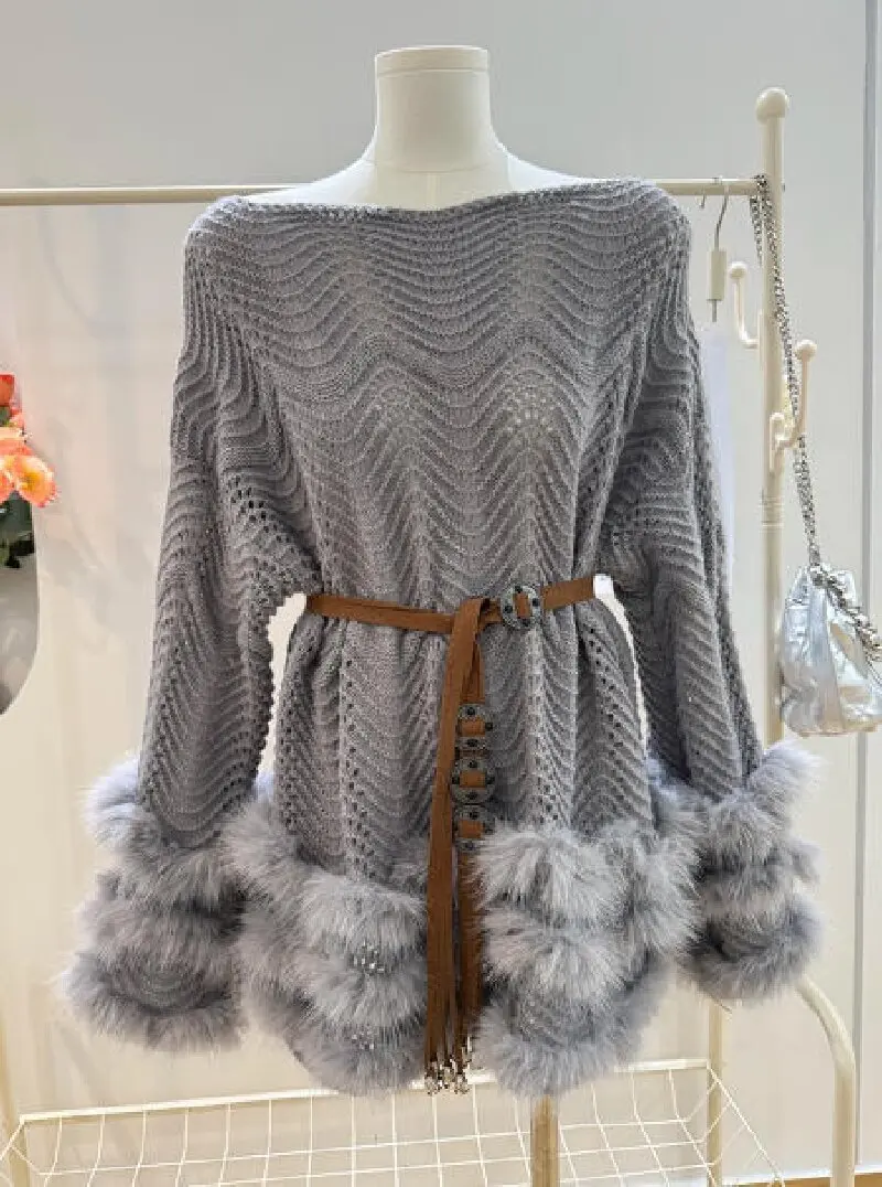 

French Style Hollow Out Knitted Sweater Dress With Belt Women 2026 Spring Autumn New Spliced Fur Long Sleeved Off Shoulder Top