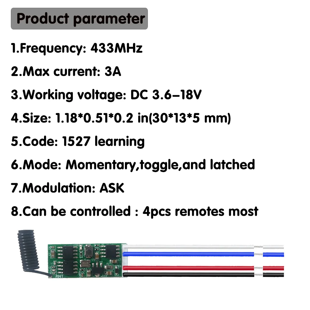 433.92Mhz Wireless RF Relay Receiver Module DC 3.6V 6V 12V 1CH Remote Control Switch and Transmitter for Forward and Reverse DIY