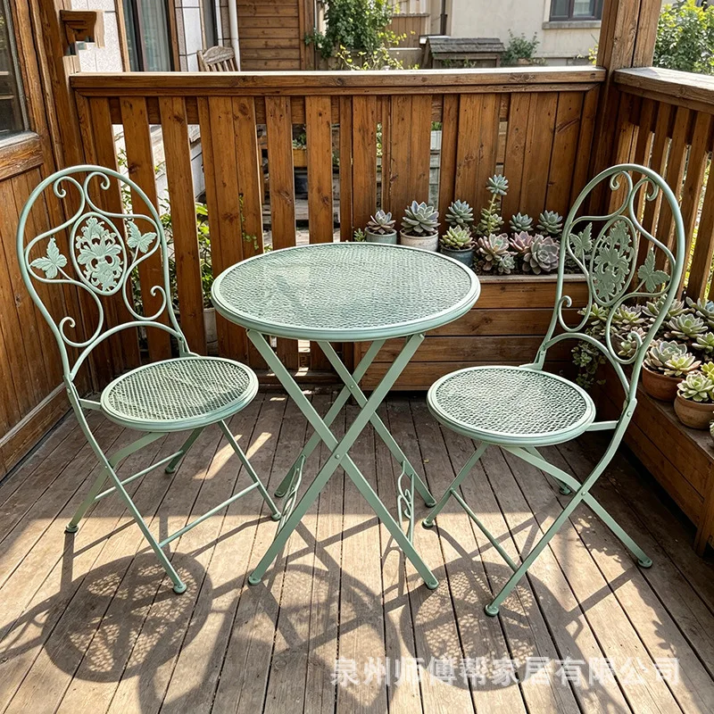 Garden foldable table and chair three-piece French retro wrought iron small coffee table balcony leisure outdoor table and chair