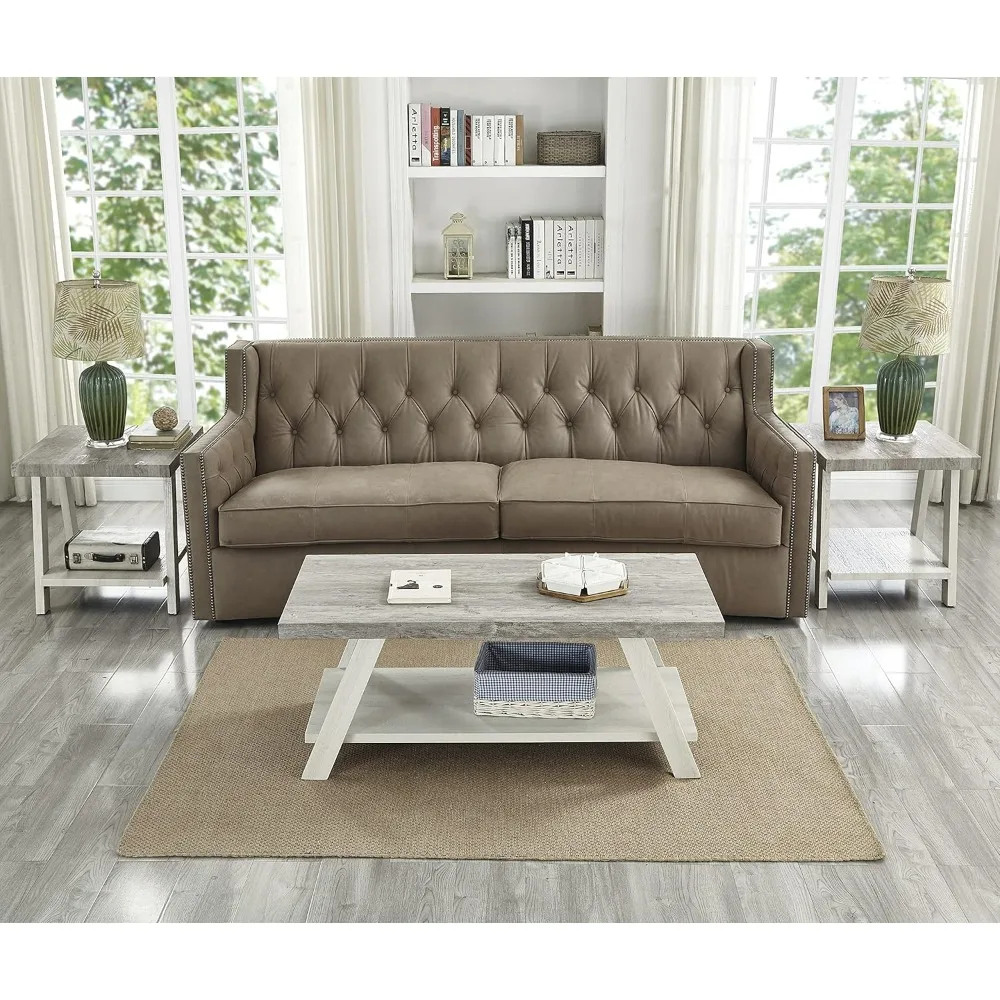 Juego de mesa de centro de madera, mueble moderno de 3 piezas, estilo Athens, color gris y beige, 24D x 48W x 19H