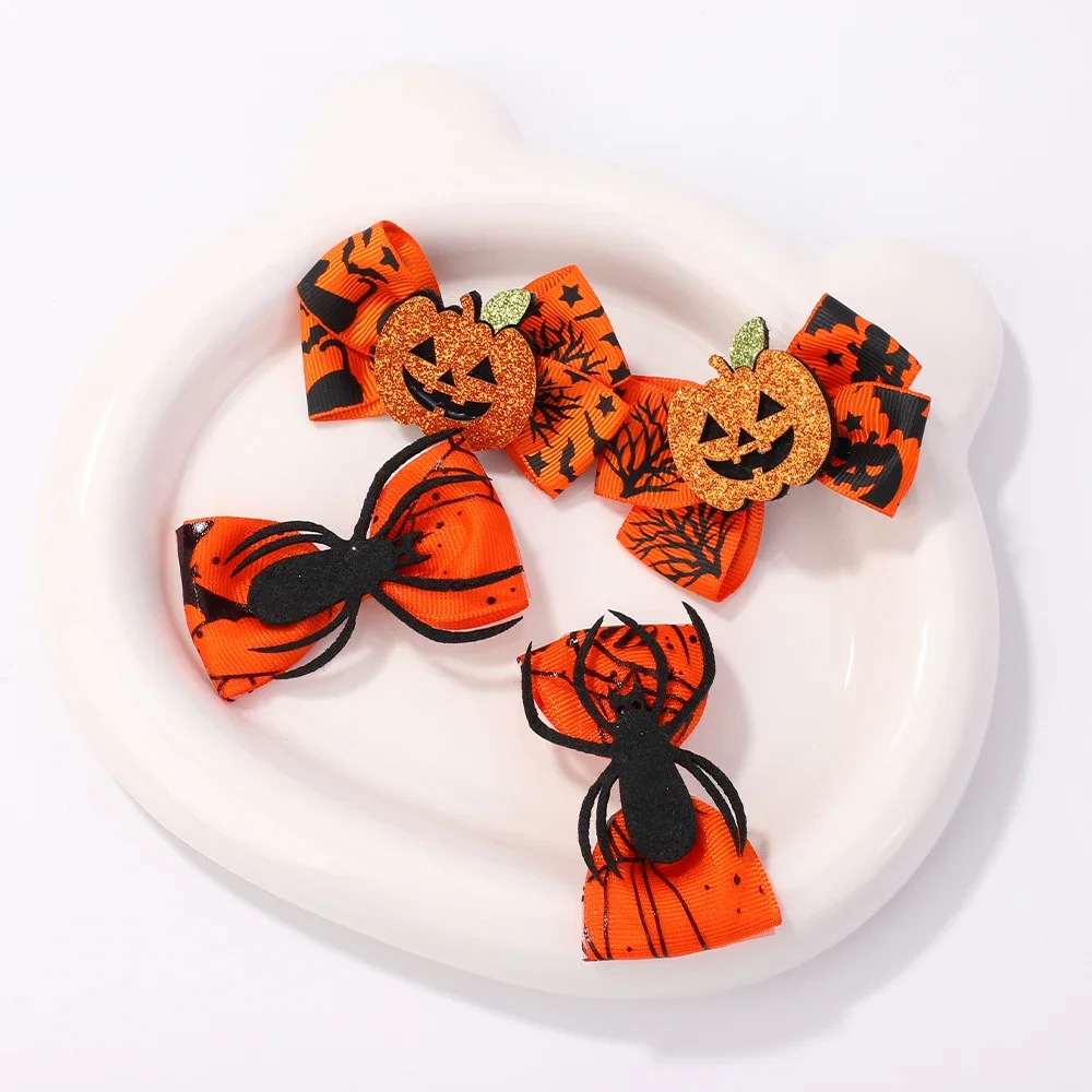 

2Pcs Halloween Kids Bows Hairpin Set for Girls Handmade Grosgrain Ribbon DIY Pumpkin Spider Decoration Headwear Hair Accessories