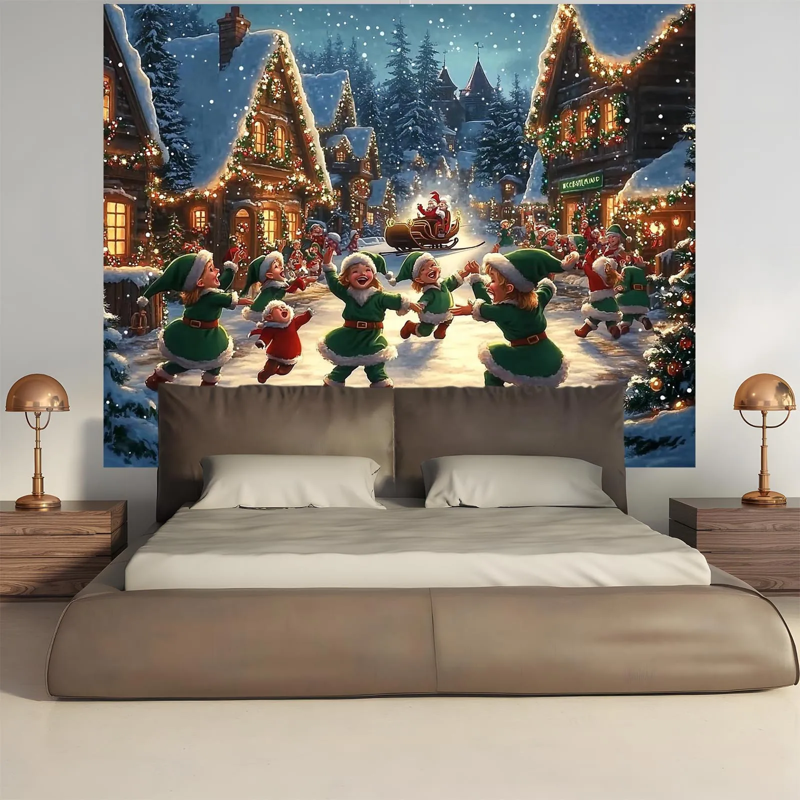 1pc Large Horizontal Christmas Elf Snow Village Tapestry Banner - Self-Lit Winter Wonderland Scene with Glowing Lights & Dancing