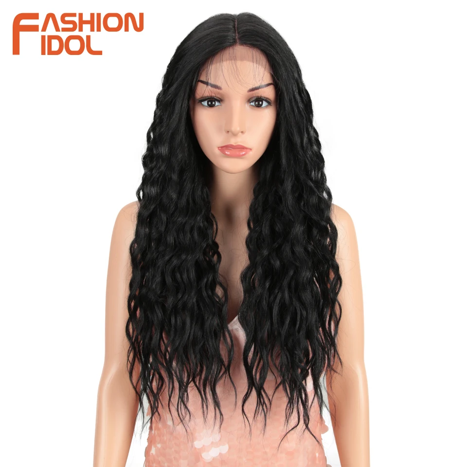 

FASHION IDOL Water Wave Wigs Synthetic Lace Front Wigs For Black Women 28 inch Soft Wave Hair Ombre Brown Heat Resistant Fiber