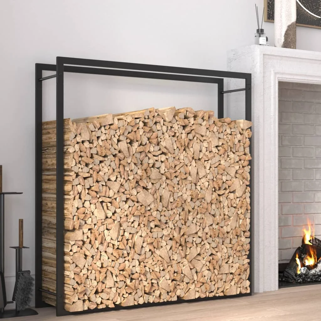Brennholzregal, mattschwarz, 110 x 28 x 116 cm, Brennholzregal aus Stahl Brennholz-Aufbewahrungshalter aus Stahl für drinnen und draußen
