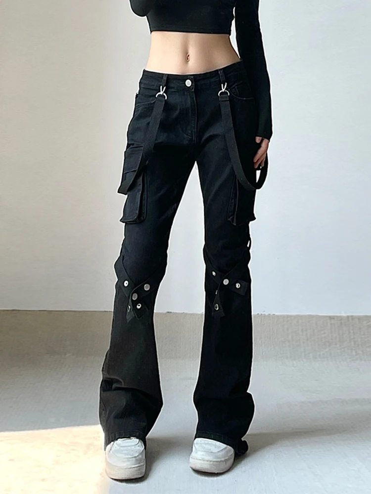 AltGoth Harajuku Streetwear Emo Alt Straight Pants Women Y2k E-girl Dark Academia Gothic Metal Buckle Leg Ring Trousers Female