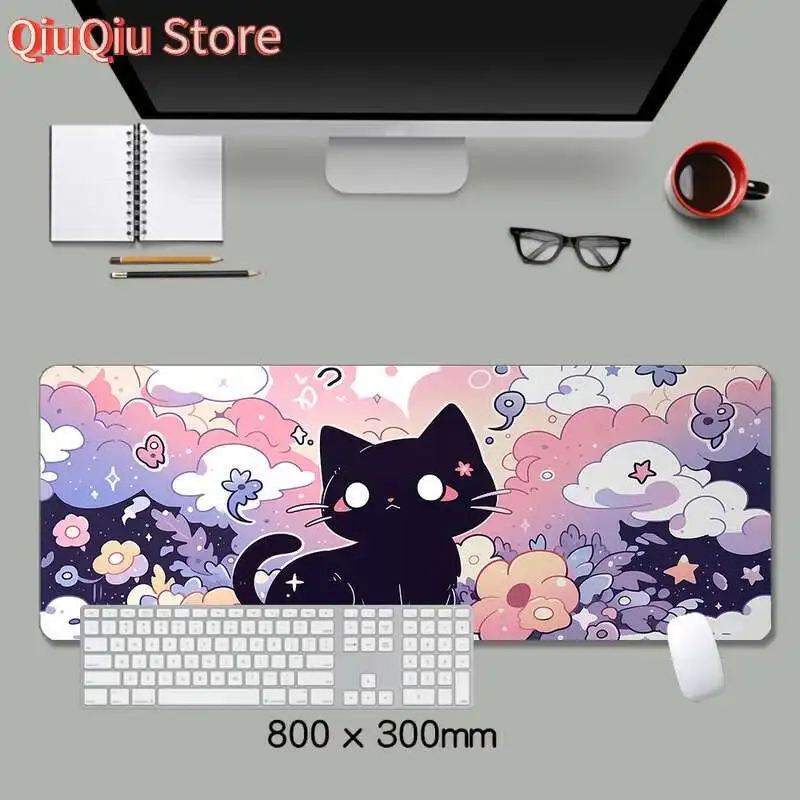 حصيرة مكتب لطيفة على شكل قطة سوداء، لوحة ماوس مضادة للانزلاق على شكل قطة كرتونية، لوحة ماوس ممتدة، لوحة ماوس كبيرة للألعاب بحافة مخيطة، وسادة مكتب #5