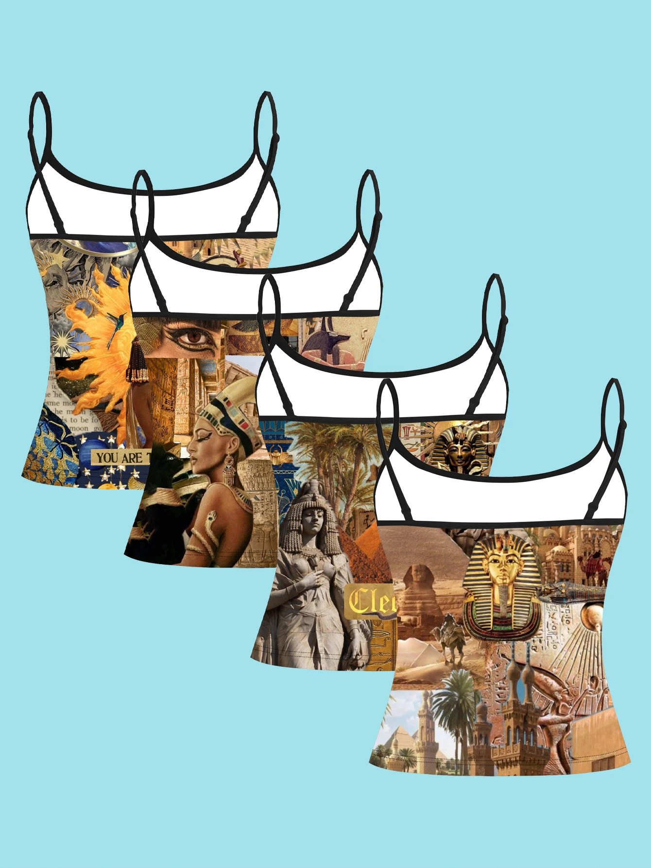 4-Piece Set｜Ancient Egyptian Civilization Pharaoh Pyramid Collage Print Camisole High-Elastic Waist-Cinching Retro Exotic Egyptian Style Subculture Inner Wear and Outerwear