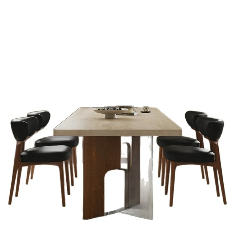 

French retro travertine rock slab high-end dining table and chairs, solid wood home villa hanging rectangular
