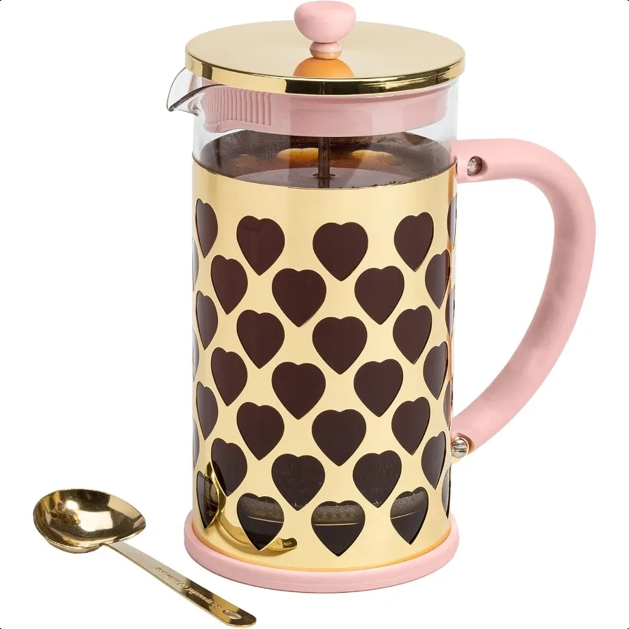 

French Pr Coffee Maker With Heart Shaped Measuring Scoop 2Piece Set 8Cup or 34Ounce Pink