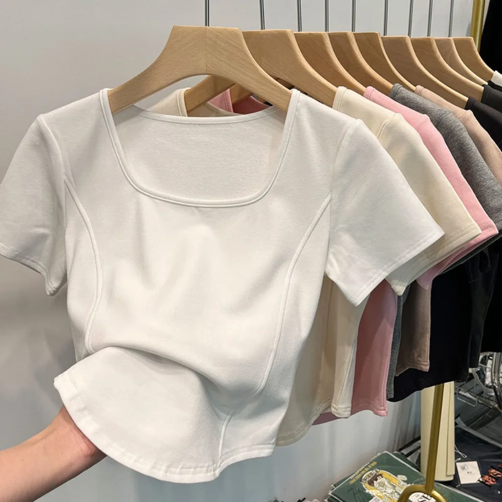 Fashion Summer Square Neck T-shirt Sweet Simplicity Slim Top Casual Trendy Short Top Female