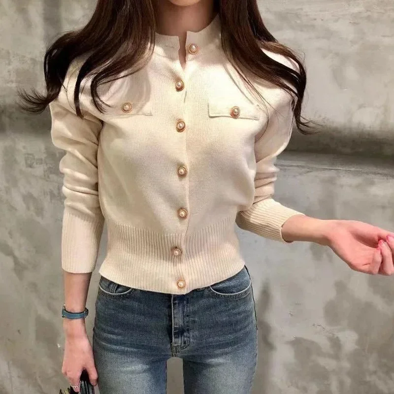 Sweater Knitted Cardigan Button Jacket 2024 Autumn Winter V-neck Long Sleeve Casual Short Tops For Women Sweater Beige White