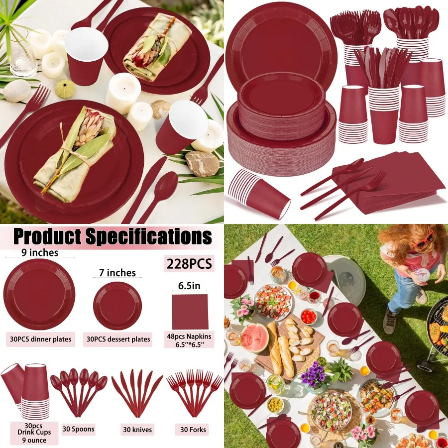 

228 шт. бордовый набор принадлежностей для вечеринок с бумажными тарелками, чашками, салфетками и пластиковыми столовыми приборами для 30 гостей, набор одноразовой посуды I
