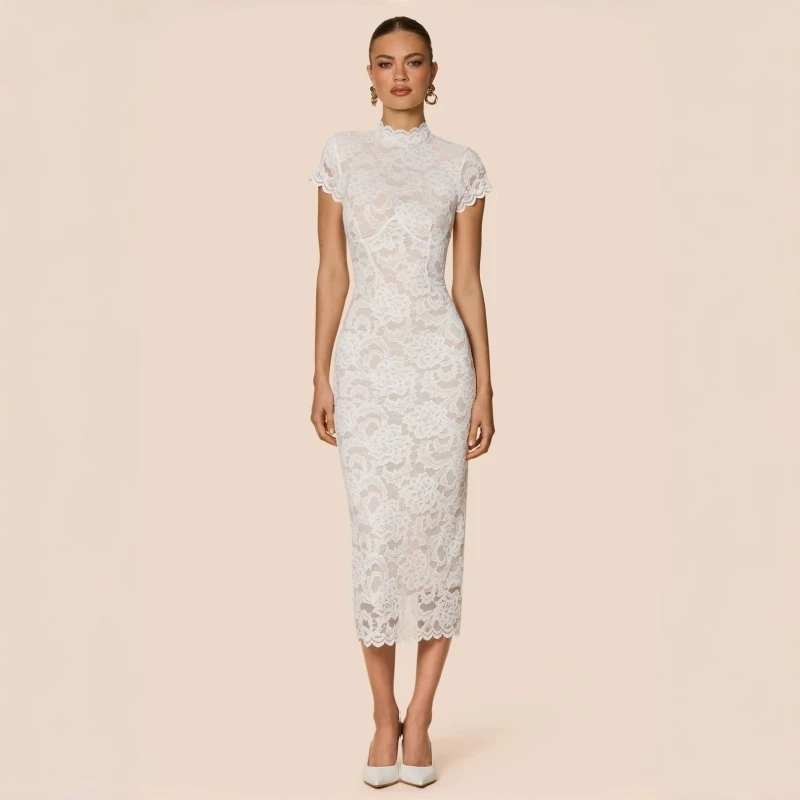2026 Hot Lace High Neck Short Sleeve Midi Dress Sheer Floral Lace Bodycon Evening Gown With Split Wedding Guest Dress