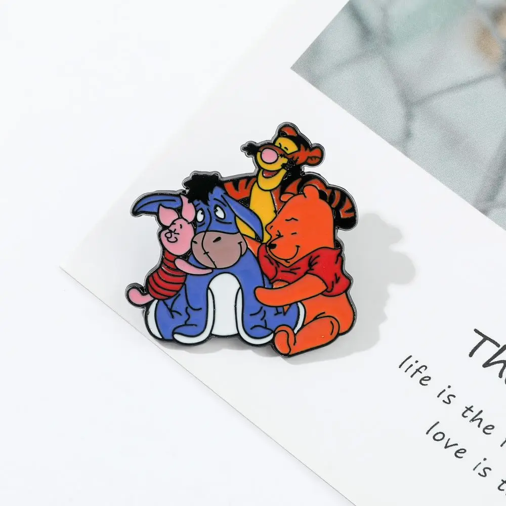 Cartoon Winnie Pooh Round Metal Enamel Lapel Pins Cute Piglet Tigger Eeyore Brooches Friendship Badges for Backpack Accessories