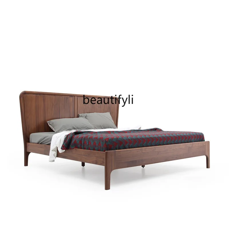 Nordic and Japanese Style Black Walnut Solid Wood Double Bed Marriage Bed Bedroom Wood Wax Wood Furniture