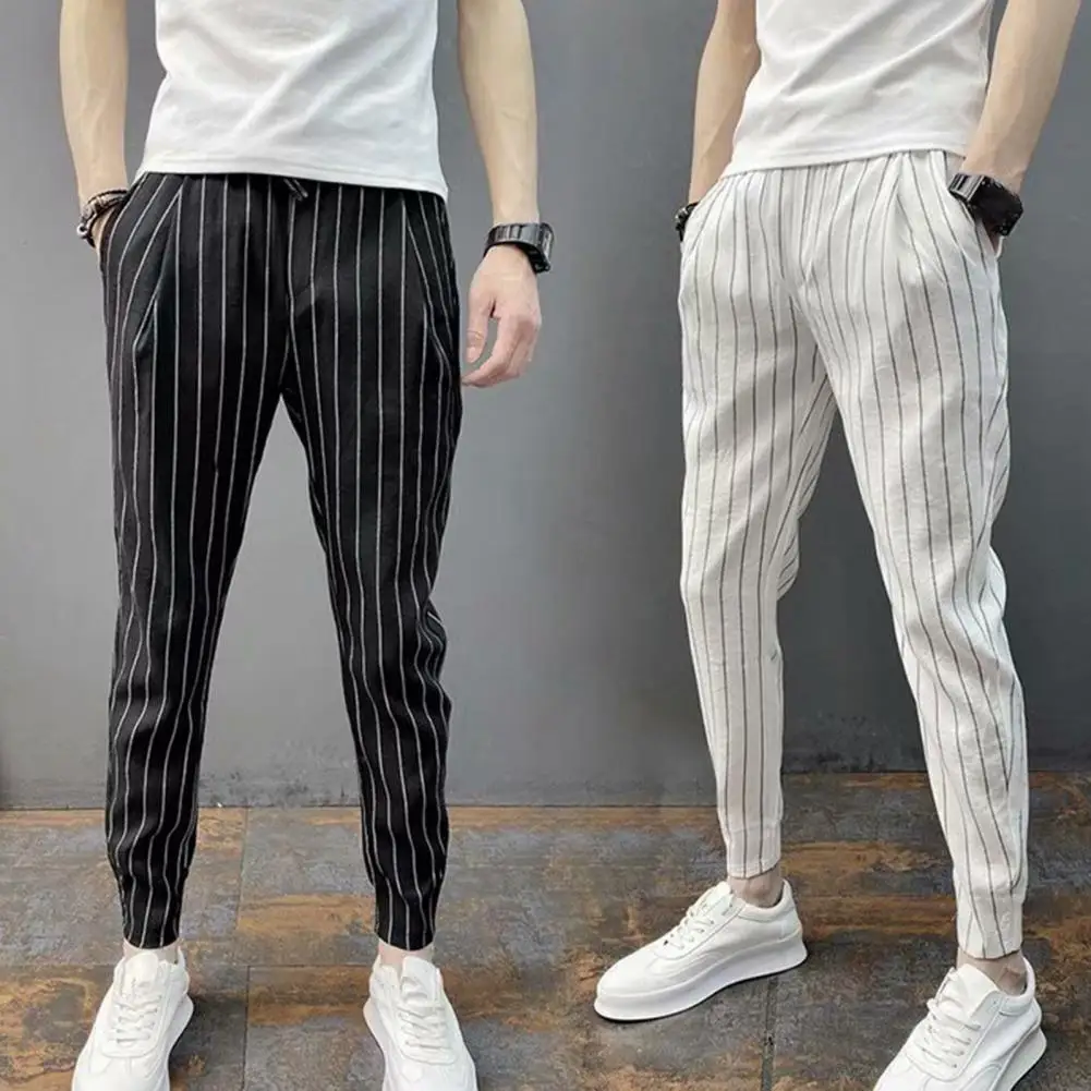 

Men Harem Pants Striped Drawstring Elastic Waist Slim Fit Streetwear Spring Autumn Stretch Ankle Tied Pencil Pants for Daily