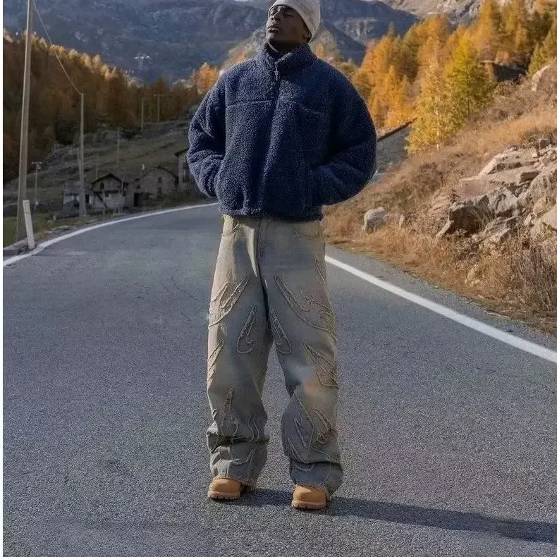 Harajuku خمر الخفافيش نمط التطريز فضفاض الجينز الرجال الشارع السراويل كسول الجينز #4