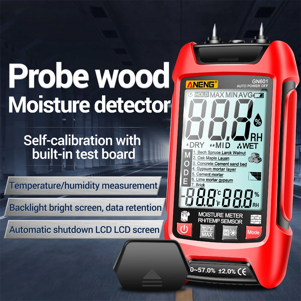 

ANENG GN601 0~99.9% Timber Hygrometer 20.5% RH Display Wood Moisture Meter Multiscene Measure Temperature Humidity Probe Testers