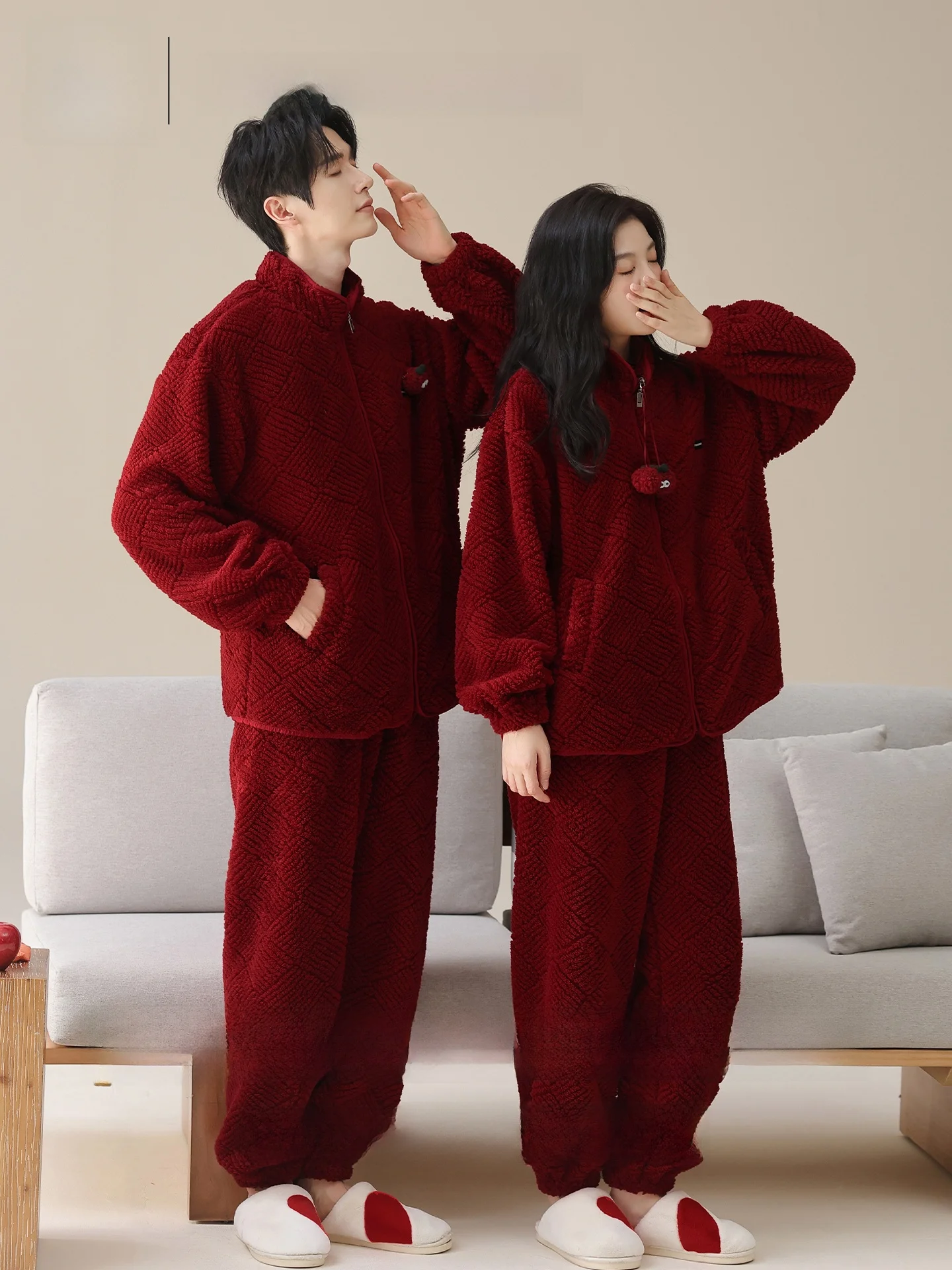 Couple's Thickened Coral Fleece Pajamas Winter Warm Red Wedding Home Clothes Set Catman Simple Style Loose Fit Long Sleeve Sl...