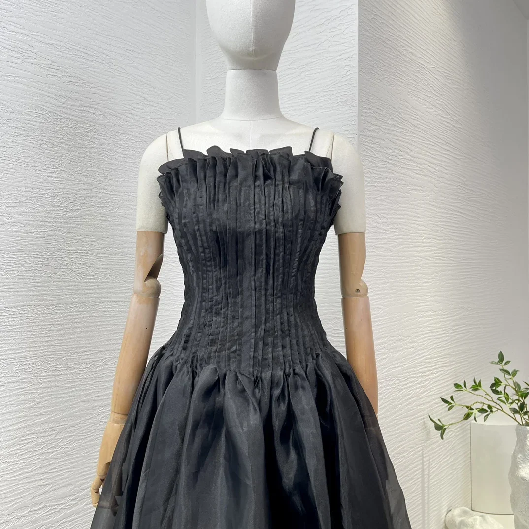 2024 Latest Collection Black Strapless Ruched Pleat Sleeveless High Quality A-line Women Midi Dress