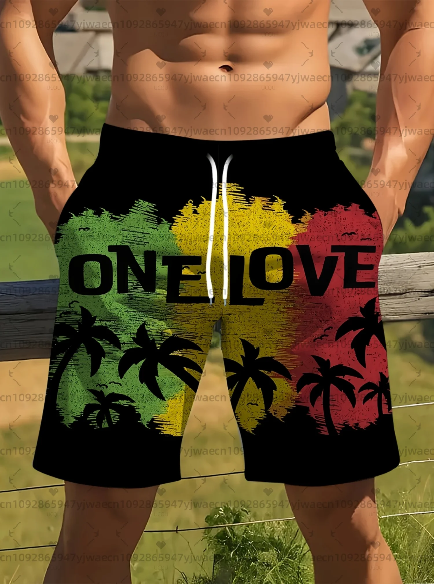 Summer Men's Board Shorts ONE LOVE print vacation Swim Trunks Drawstring Elastic Quick Dry Hawaiian Beach Shorts men clothing