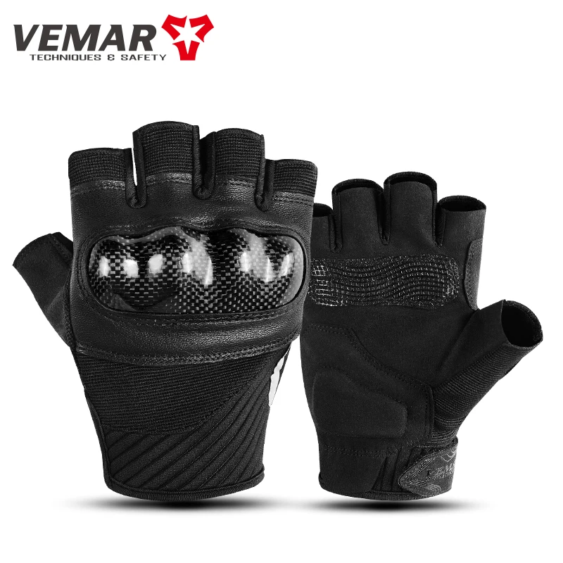 VEMAR-Luvas sem dedos de motocicleta para homens e mulheres, meio dedo, couro, ciclismo, curto, tático, moto, respirável, motocross, verão