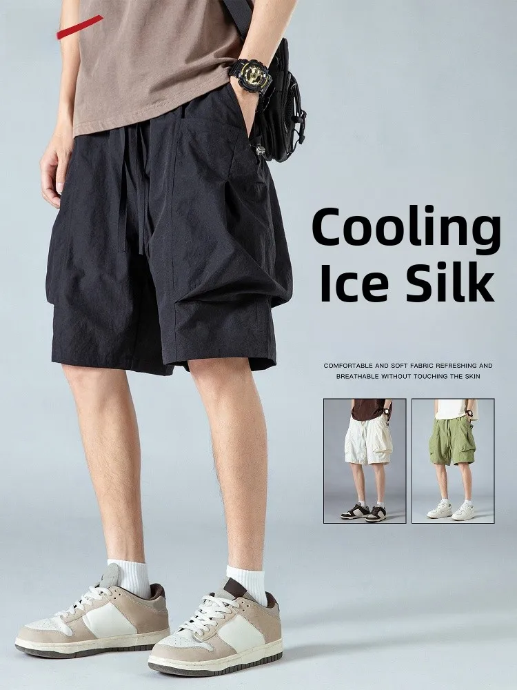 

Мужские летние функциональные шорты Warrior из ледяного шелка для работы и спорта, пляжные брюки-капри в американском стиле, с множеством карманов