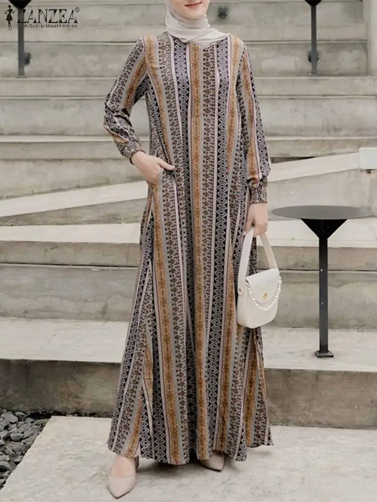 

ZANZEA Bohemain Autumn Maxi Dresses Muslim Turkey Abaya Vintage Long Sleeve Printed Vestidos Islamic Hijab Sundress Robe Femme