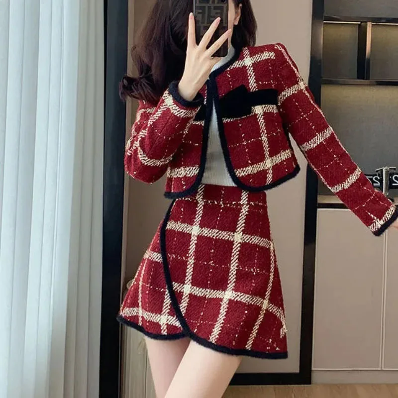 Formal Thicke Plaid Coat+Skirt Women Spring Autumn New Chic Set Women's Fashion Long Sleeve Loose Plaid Skirt Two-Piece Suit