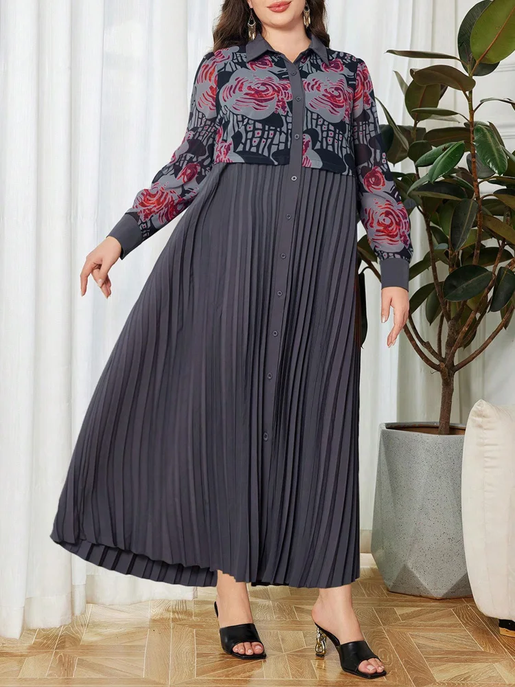 GIBSIE プラスサイズ 2in1 プリントシャツワンピース レディース 秋 2025 新作 ヴィンテージ 長袖 ルーズ ファッション プリーツ マキシ丈ワンピース