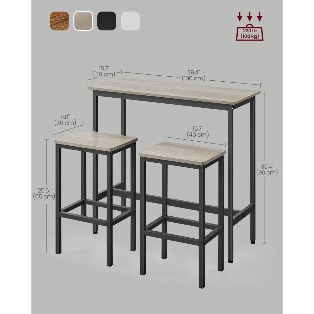 Juego de mesa de comedor, mesa de bar y sillas, mesa de cocina con altura de barra y taburetes, juego de 2, estructura de acero, industrial, 39,4 x 15,7