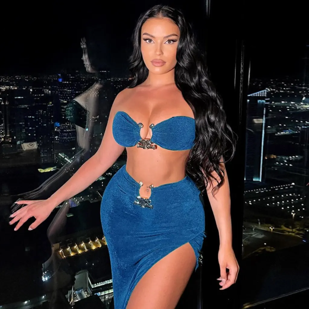 

Women's European And American Style Sexy Navel Stitching Tube Top And Split Hip Skirt Set for Autumn Winter