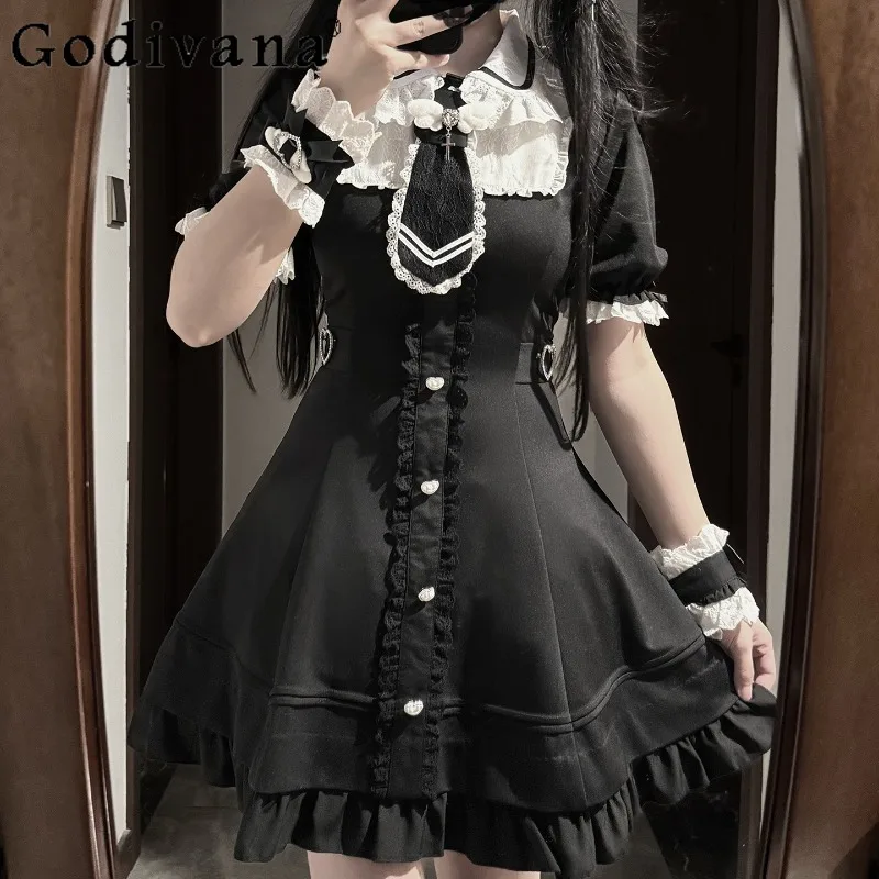 

Japanese Style Mass Produced Dress Women's Lolita Lace Patchwork Short Sleeve Dress Female Summer Sweet Dress with Wristband