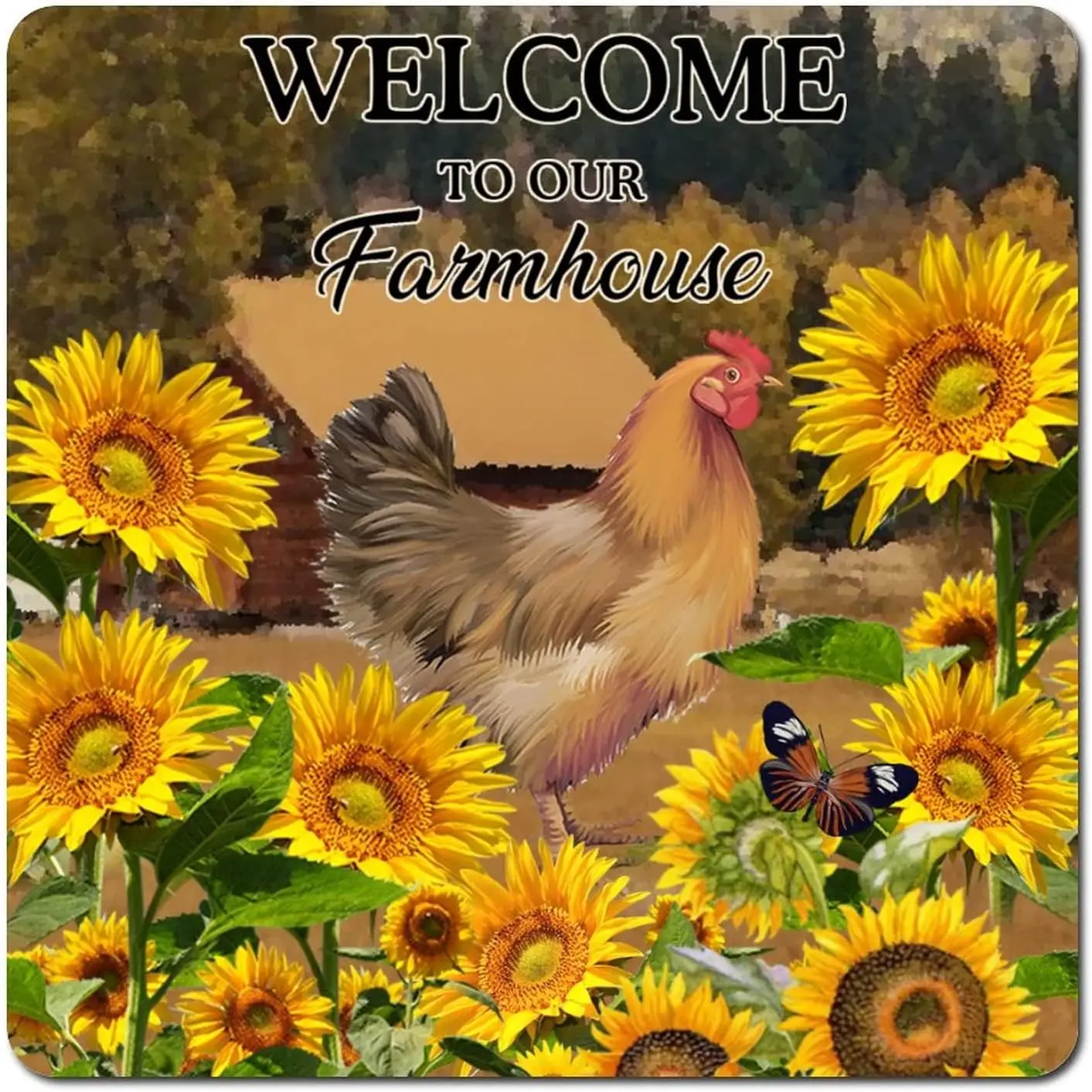 Welcome to Our Farmhouse Metal Sign Vintage Rooster Chicken Sunflower Butterfly Tin Signs Wall Art 12 Inch Custom Made