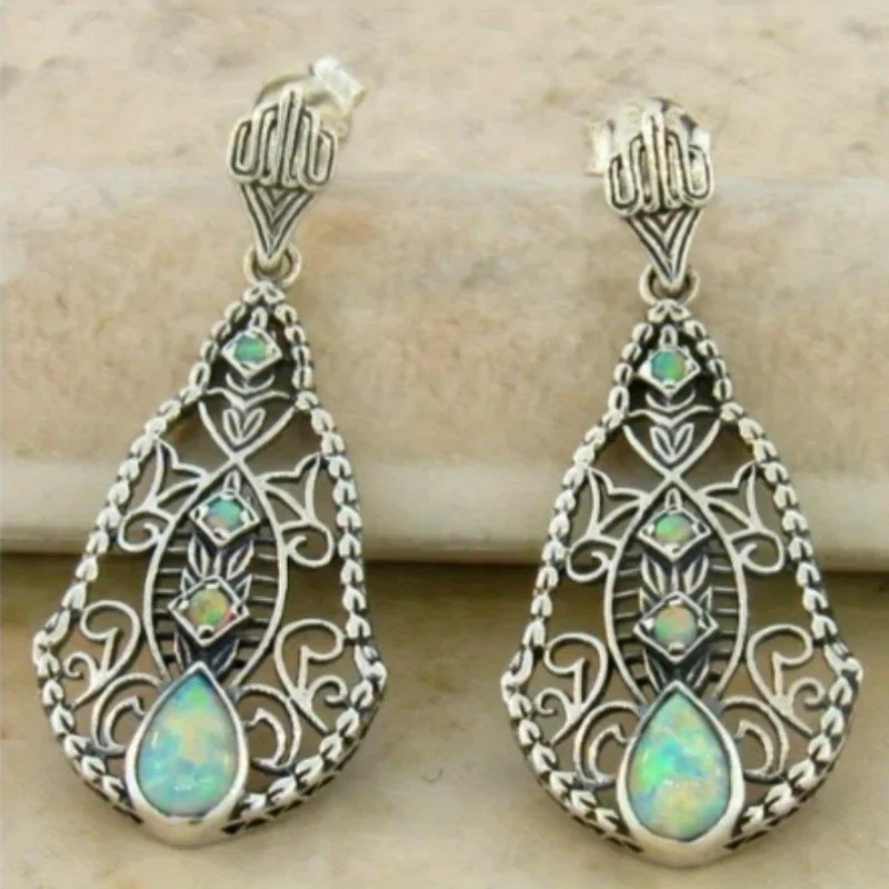 Vintage Water Droplets Natural Color Stone Earrings Creative Silver Color Metal Carving Pattern Dangle Earrings for Women