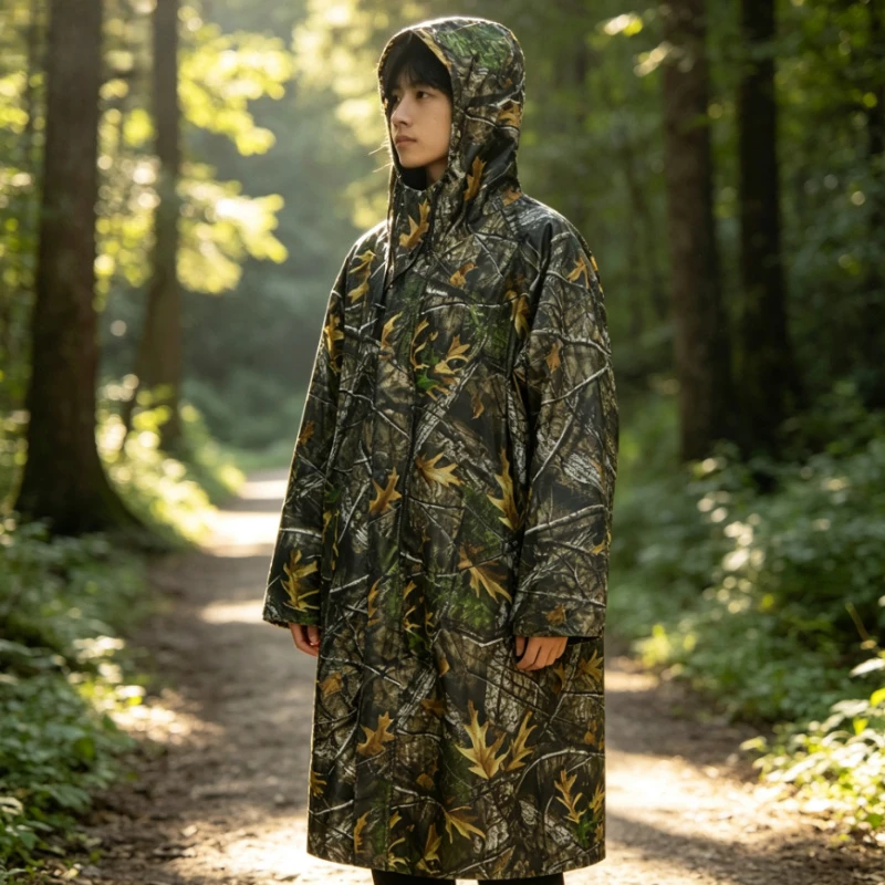 Outdoor Camo Rain Poncho Long Adult One-Piece Waterproof Raincoat PU Coated Polyester Soft Durable Scratch Resistant Hiking