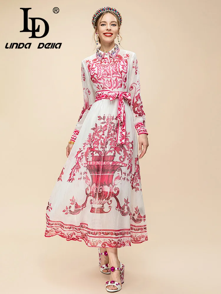 

LD LINDA DELLA Summer New Style Fashion Designer Dress Women's Bohemia Wine Red Lapel Print Frenum Slim Fit Long Dress