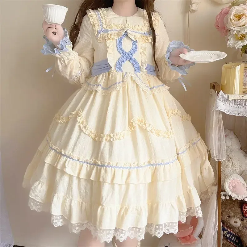 

Japanese Kawaii Lolita Style OP Dresses Women Spring Summer Sweet Bow Ruffles Peter Pan Collar Long Sleeve Princess Dresses 2024