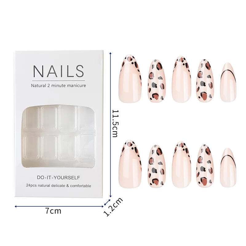 24pcs Fake Nail Elegant Daily Nail Art for Fall Winter Medium Almond French Leopard Nail Full Set False Nails Press on Nails