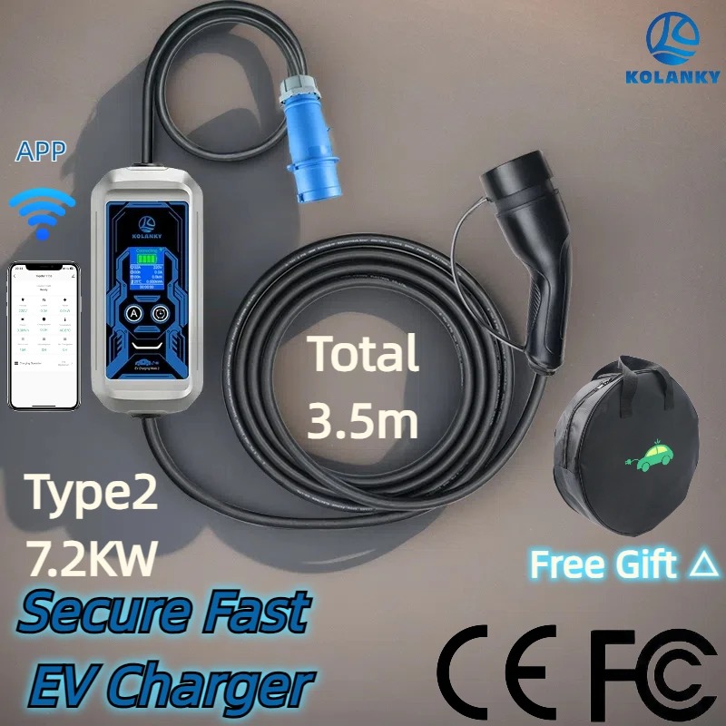 

Зарядное устройство для мобильных электромобилей 16A 7,2 кВт CEE Blue Type 2, стандартное приложение Bluetooth, Wi-Fi, зарядка, электромобиль, гибридные автомобили, кабель 3,5 м