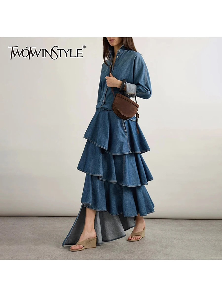 

TWOTWINSTYL Fashion Cowboy Two Piece Sets for Women Lapel Long Sleeves Top High Waist Spliced Ruffles Irregular Skirt Set Female